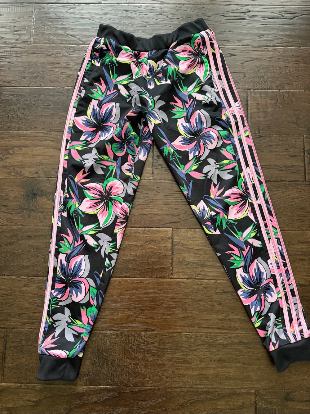 Adidas Kids Black Joggers with Pink Floral Print